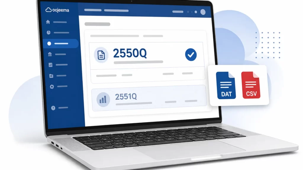 Oojeema tax registration workspace showing 2550Q with 2551Q secondary and DAT CSV export