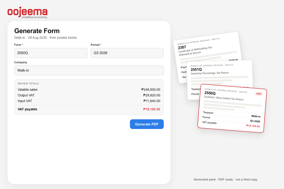 Generate Form 2550Q with review totals in Oojeema, PDF only