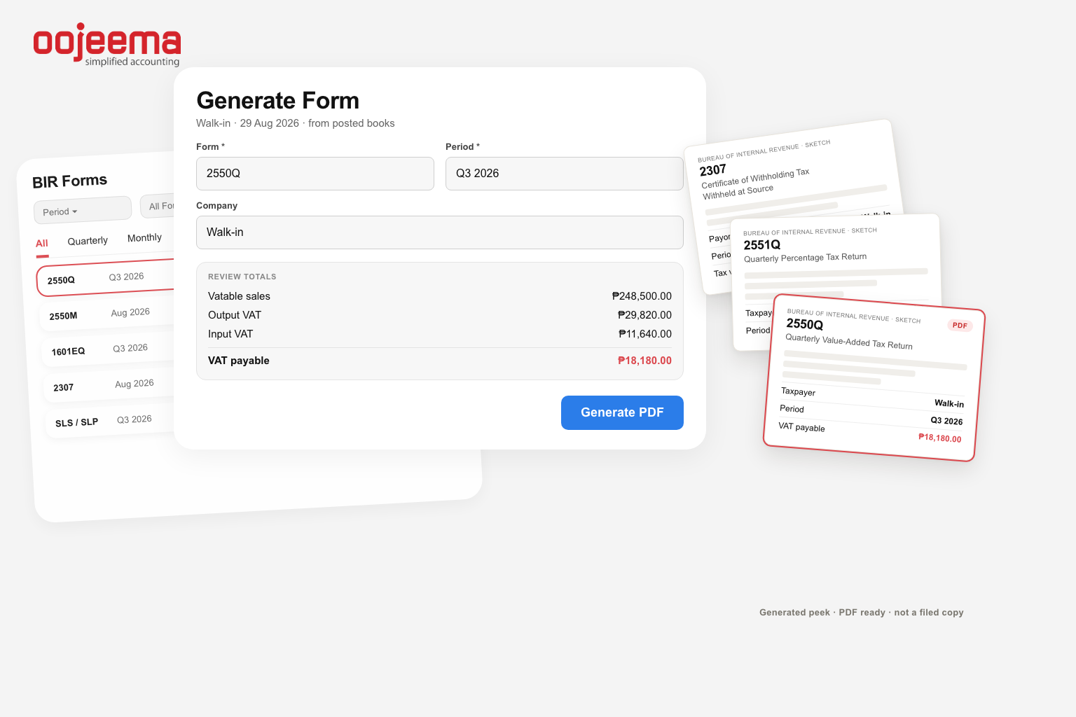 Generate BIR form 2550Q with review totals in Oojeema, Generate PDF only