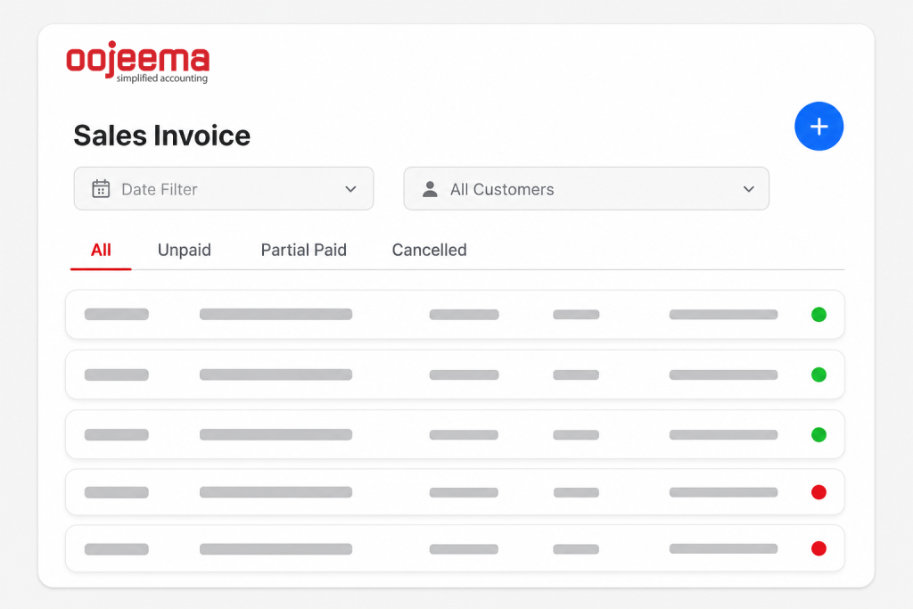 Oojeema sales invoice list illustration. Invoice data is already in the books.