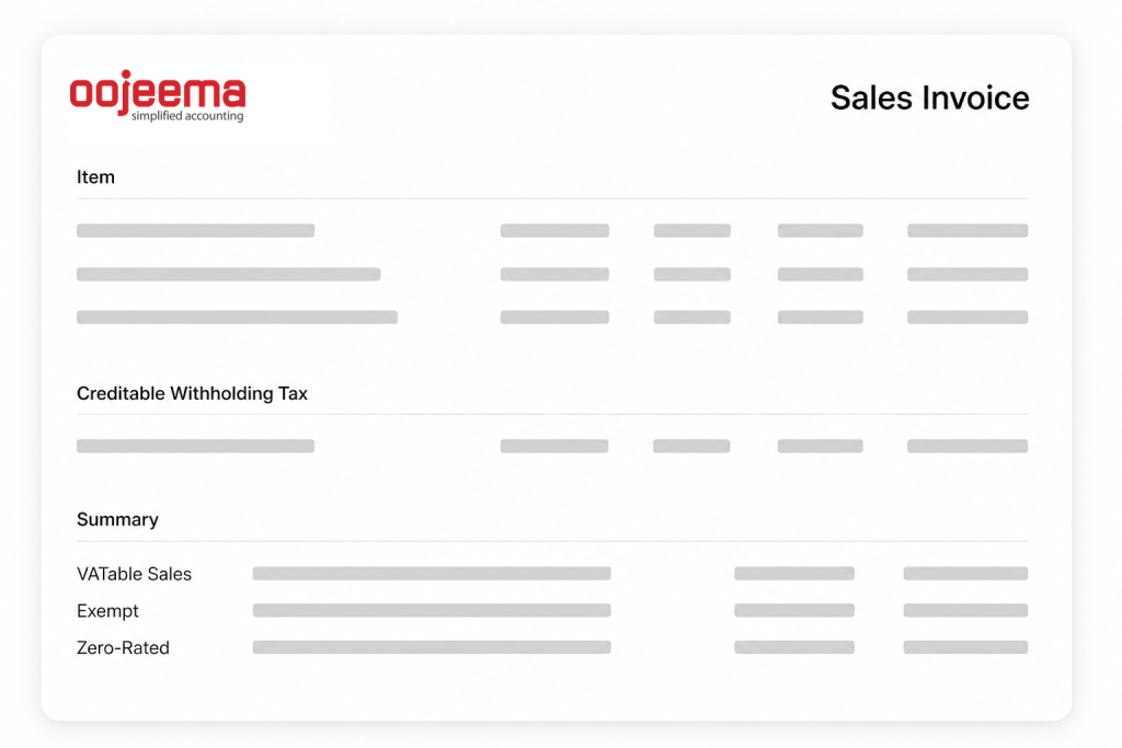 Oojeema sales invoice view with VAT and withholding summary.