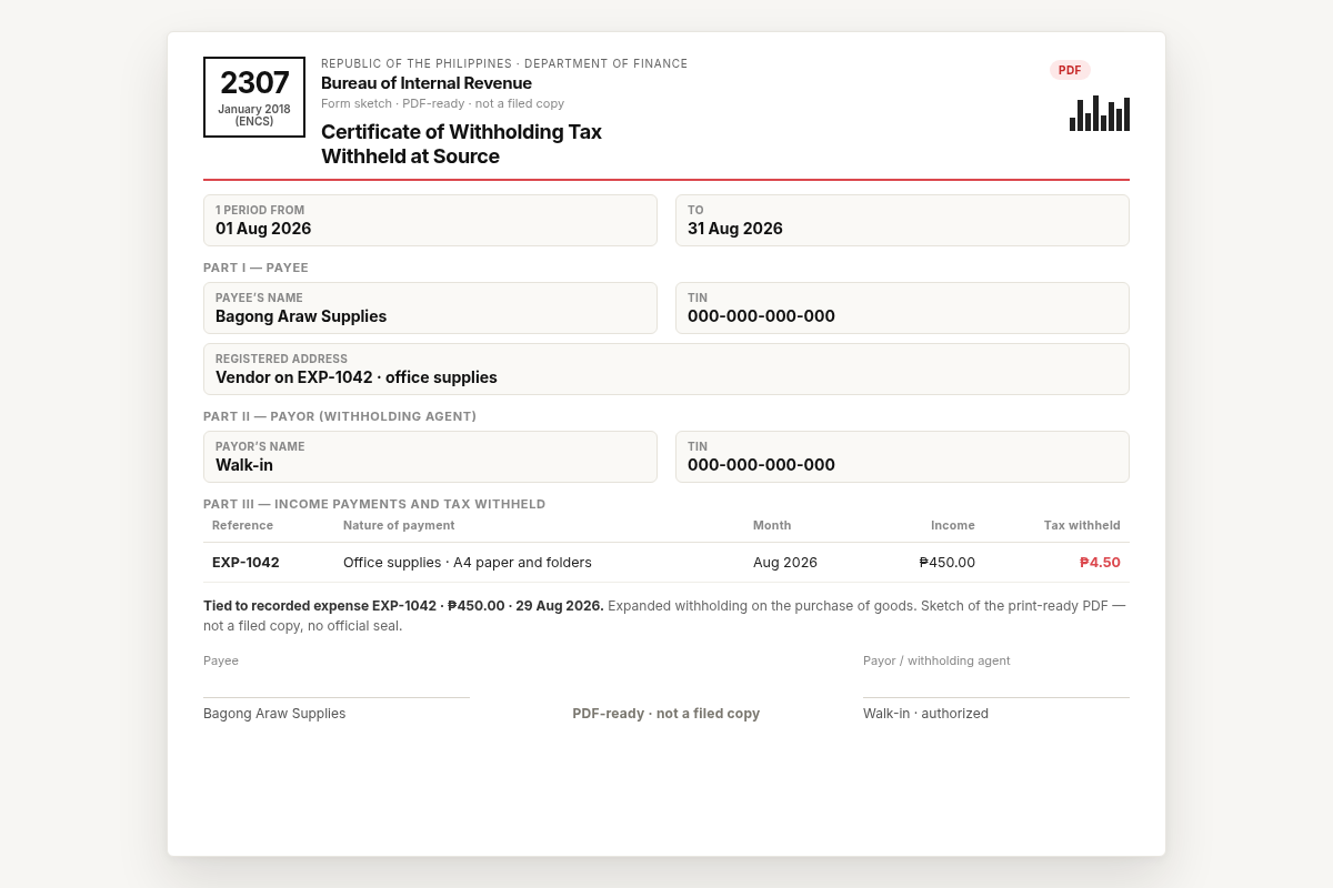 Print-ready 2307 sketch for Bagong Araw Supplies EXP-1042 — Certificate of Withholding Tax Withheld at Source, not a filed copy
