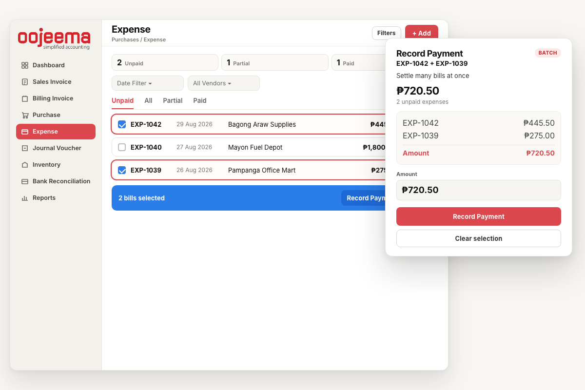 Select EXP-1042 ₱445.50 and EXP-1039 ₱275 and record a batch payment of ₱720.50