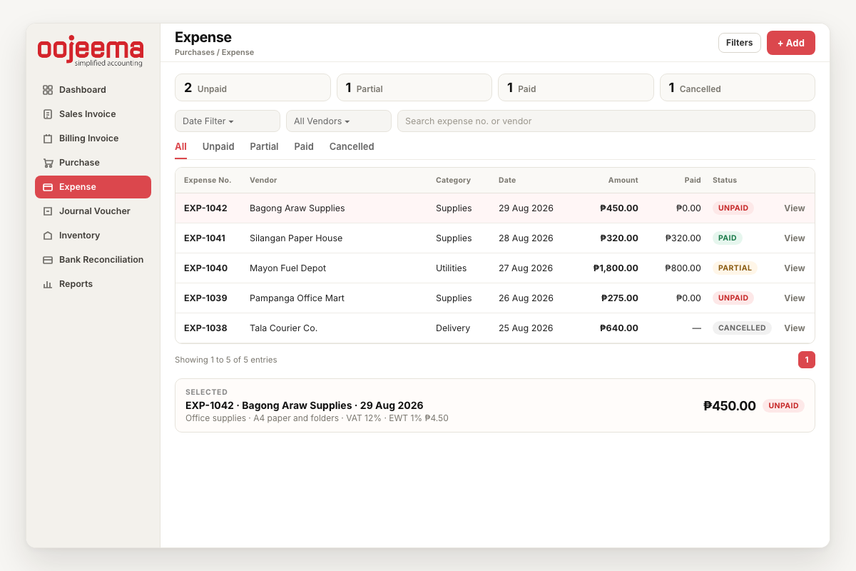 Expense list showing unpaid bills in Oojeema — EXP-1042 with EWT 1% ₱4.50