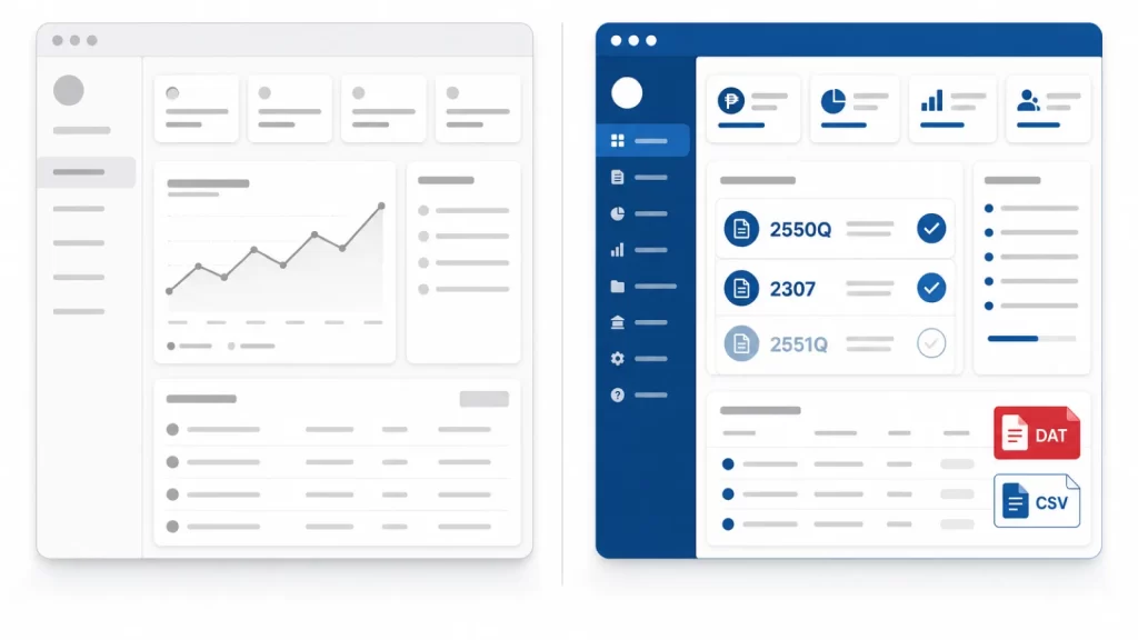 Oojeema Philippine tax forms and DAT CSV export compared with a generic accounting dashboard