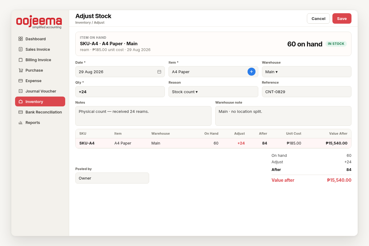 Adjust stock in Oojeema