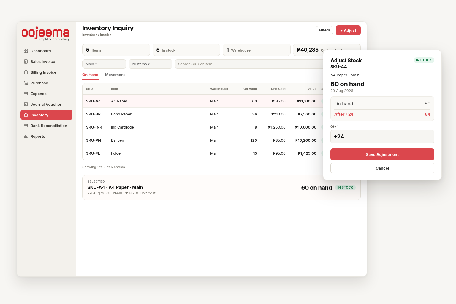 Inventory Inquiry and Adjust Stock in Oojeema