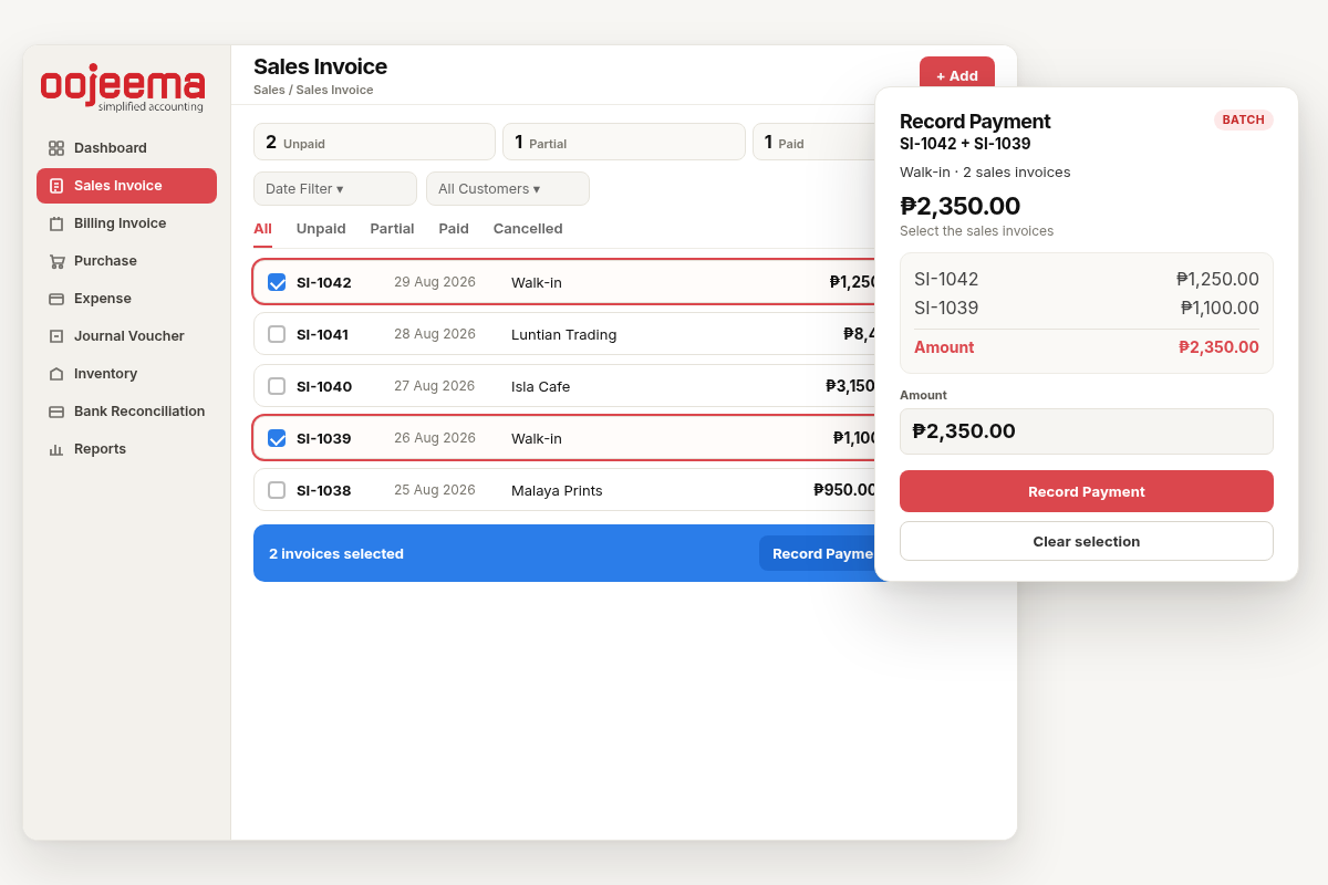 Select SI-1042 and SI-1039 and record a batch payment of 2350