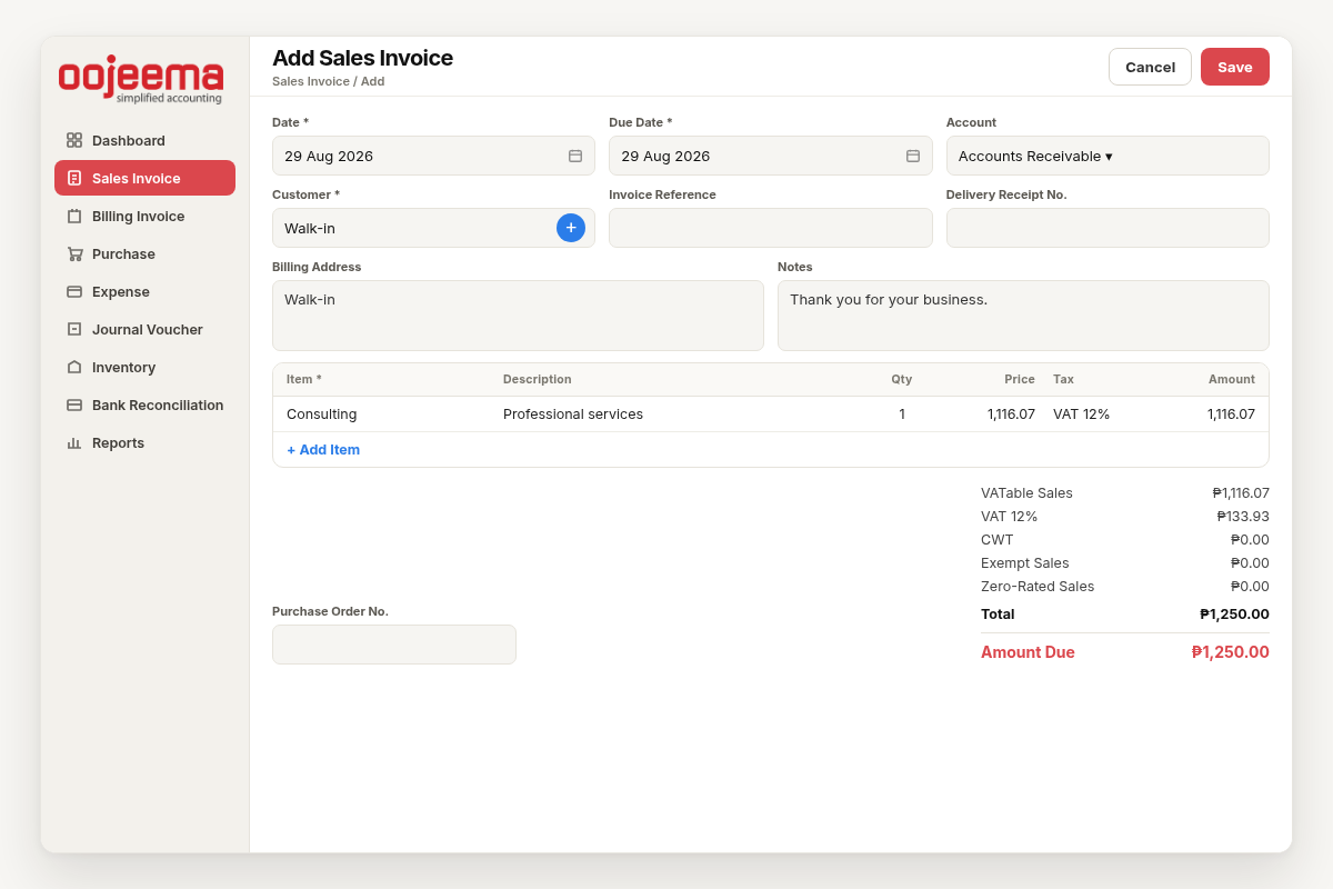 Add a sales invoice in Oojeema