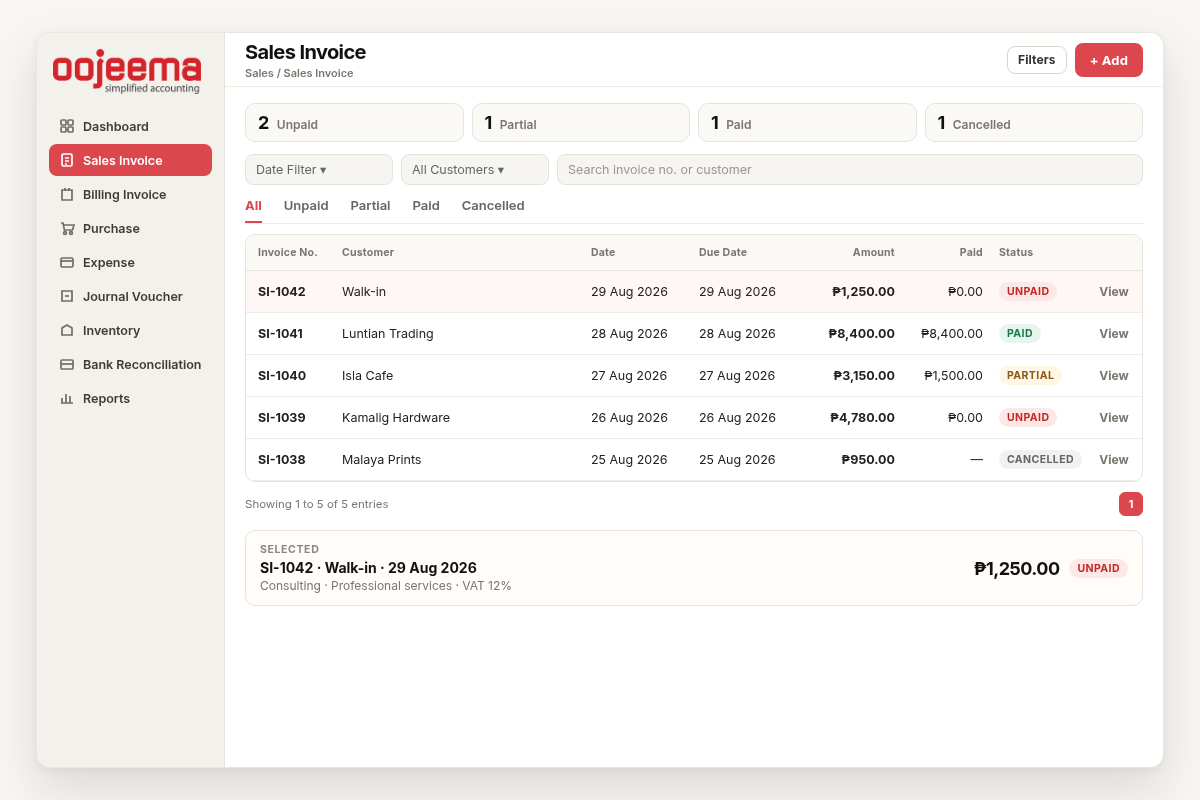 Sales invoice list showing unpaid invoices