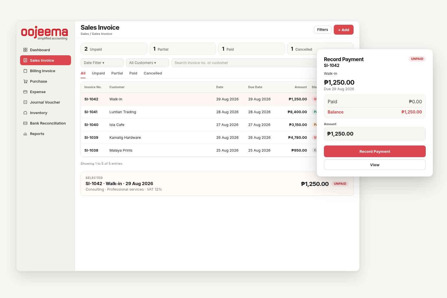 Sales invoice list and Record Payment in Oojeema