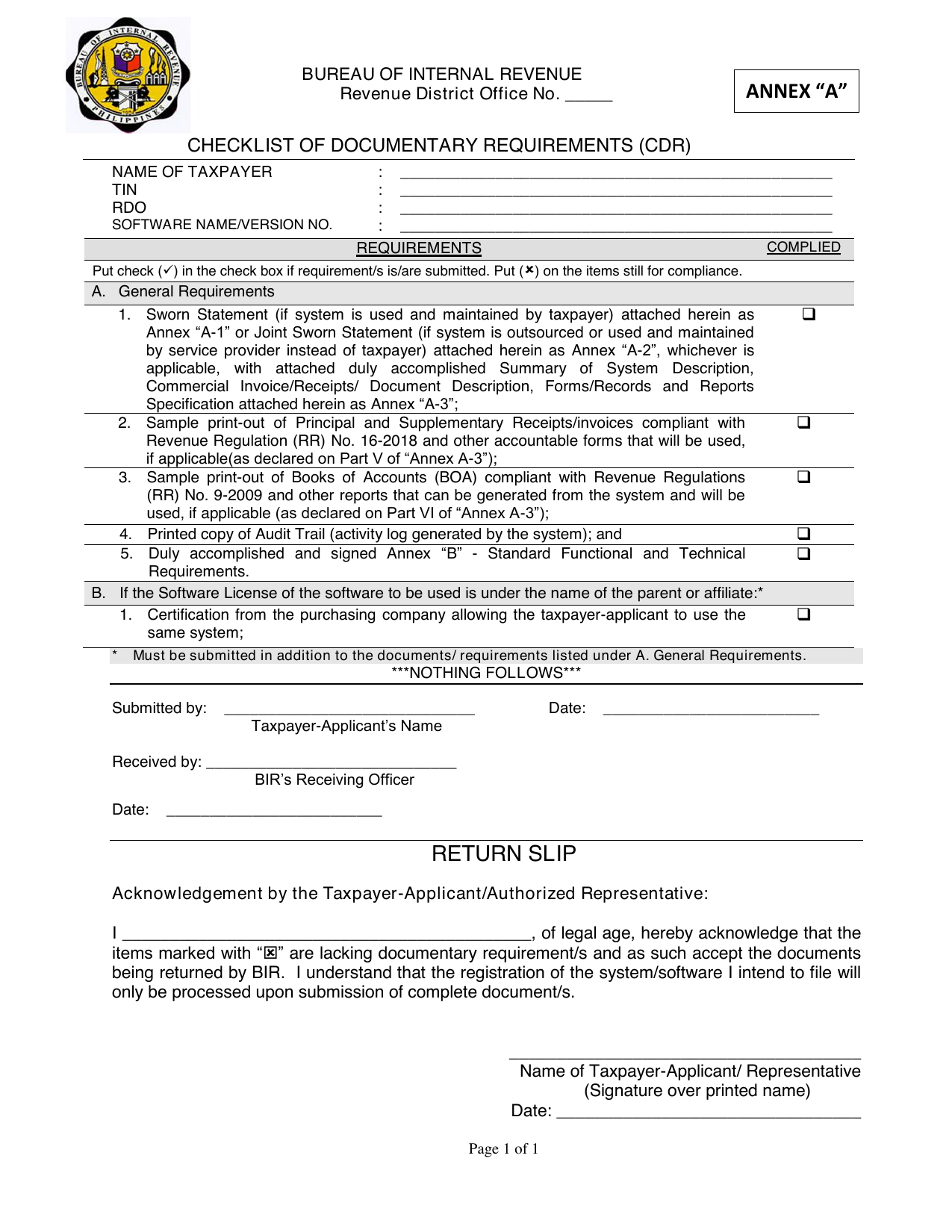 Blank Annex A Checklist of Documentary Requirements — get current form from BIR