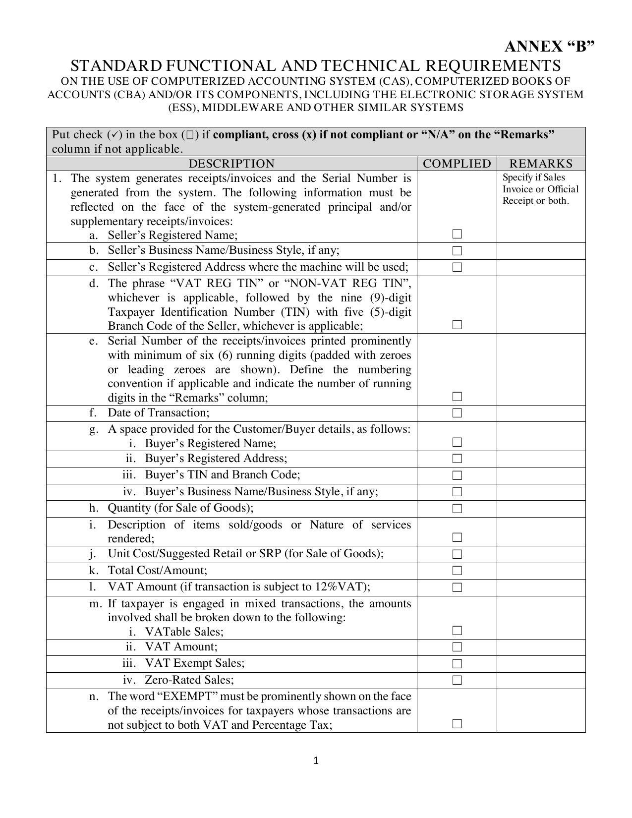Blank Annex B functional and technical requirements — get current form from BIR