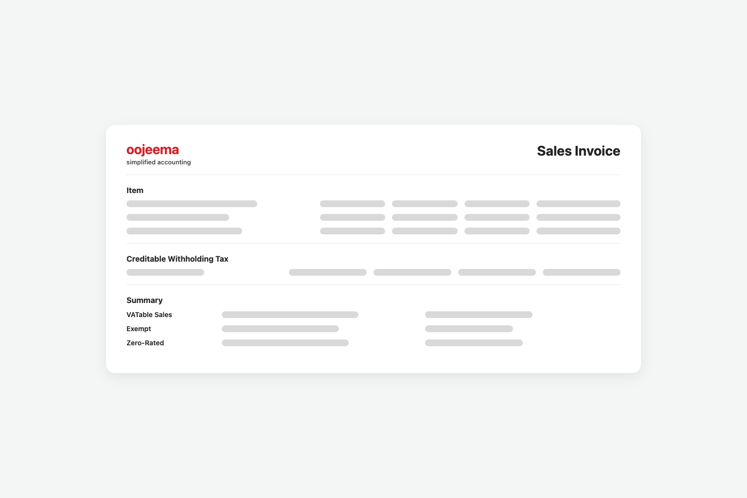 Oojeema Sales Invoice document used in CAS sample printouts.