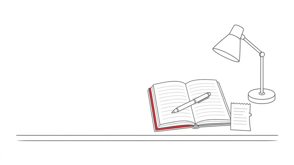 An open ledger with a pen, a receipt and a desk lamp.