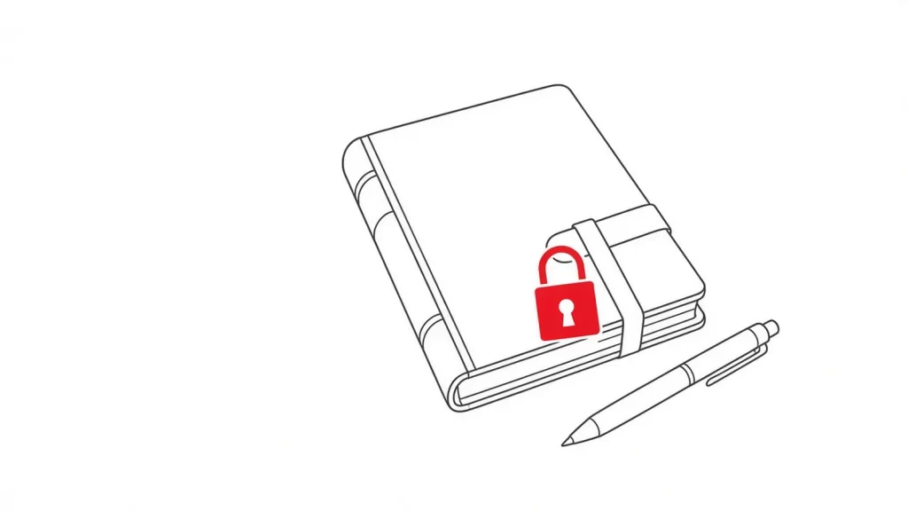 A closed ledger book strapped shut with a red padlock, and a pen beside it.