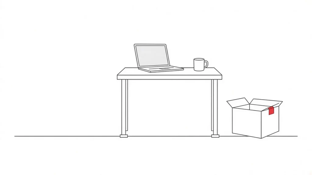 A desk with an open laptop and a mug, next to an empty moving box.