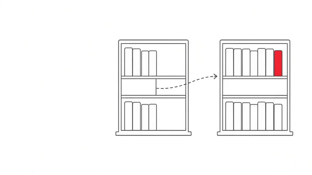 Two bookcases of folders, with a dashed arrow showing folders moving from the left one to the right one.