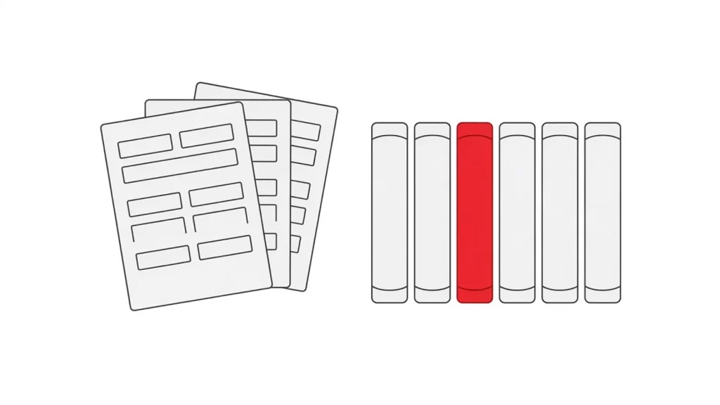 Blank forms fanned out beside a row of six ledger books, one of them red.